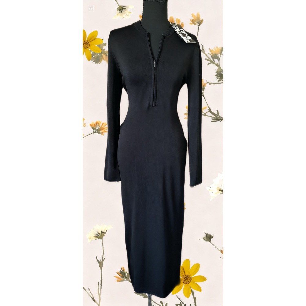 Future Collective Dress Small Black‎ Quarter Zip Long Sleeve Knit Midi Dress S